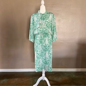 1970s Lady Carol of New York Dress/ Green & White/ Blouson/ Abstract/ M-L
